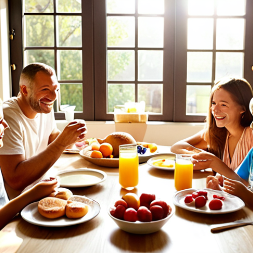 **

A family of four (parents and two children) are gathered around a breakfast table filled with colorful fruits, yogurt, and bread rolls. Sunlight streams through the window, creating a warm and inviting atmosphere. The scene is cheerful and relaxed, showcasing a happy family starting their day together. Focus on natural light and genuine smiles.

**