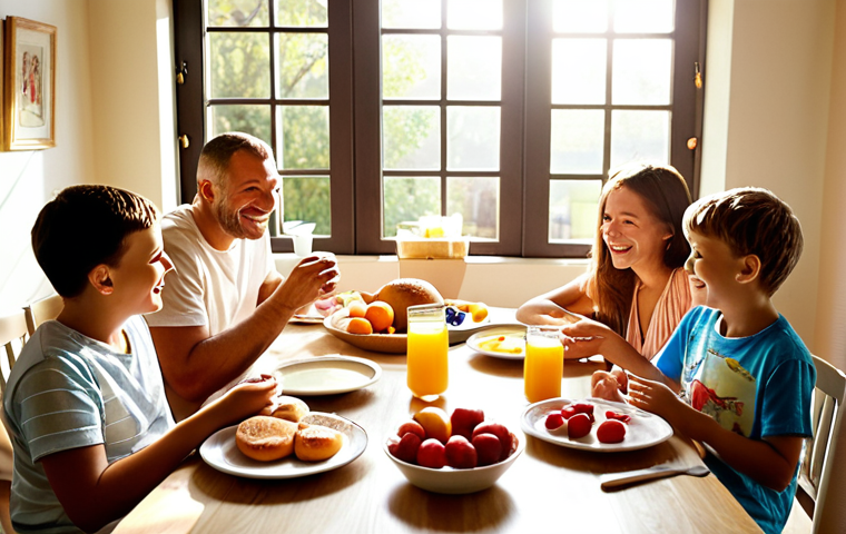 **
A family of four (parents and two children) are gathered around a breakfast table filled with colorful fruits, yogurt, and bread rolls. Sunlight streams through the window, creating a warm and inviting atmosphere. The scene is cheerful and relaxed, showcasing a happy family starting their day together. Focus on natural light and genuine smiles.
**