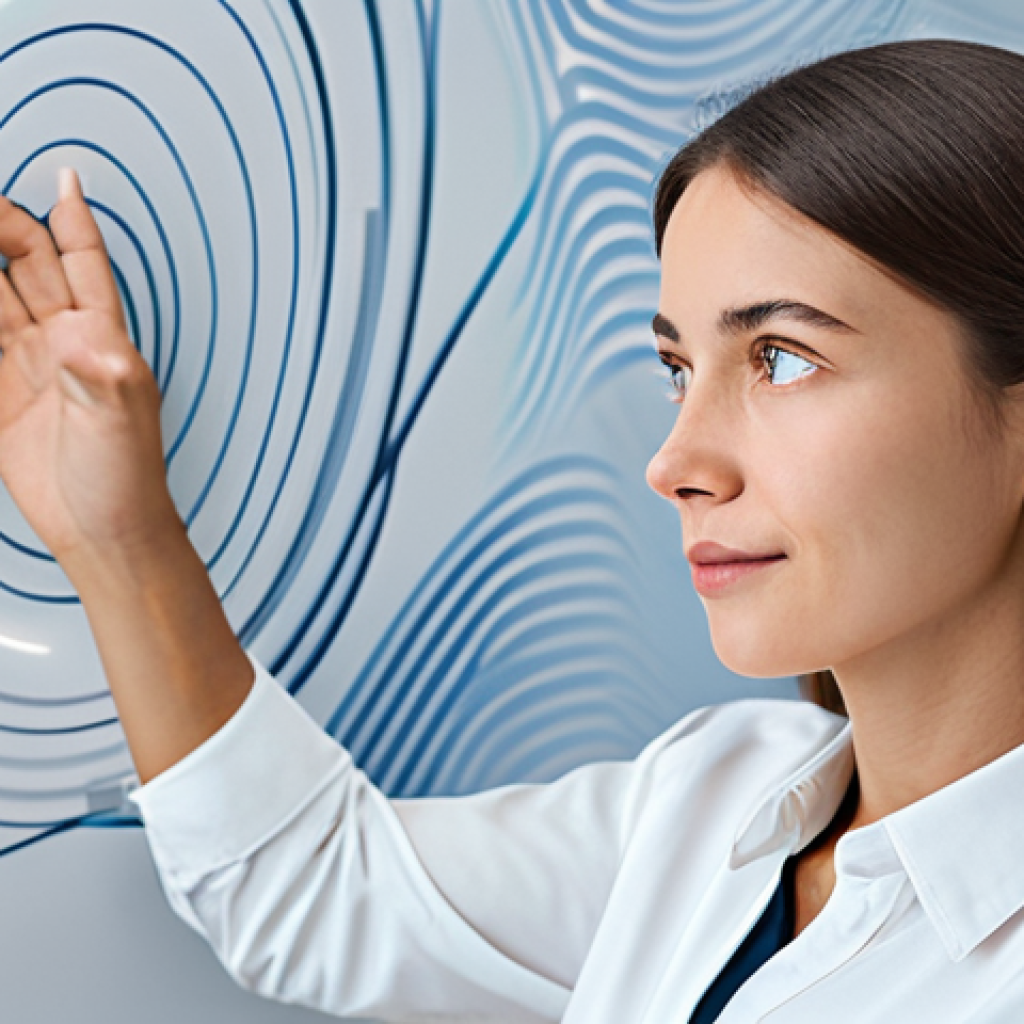 A serene adult professional, in a modern, bright workspace, thoughtfully engaged with an unseen concept. Subtle, luminous abstract lines and soft light patterns flow around their head, symbolizing the intricate control of the circadian rhythm over cognitive processes and focused thought. The person is fully clothed in professional, modest attire, displaying a natural pose and expression. This image ensures perfect anatomy, correct proportions, well-formed hands, and proper finger count, with natural body proportions. It is a safe for work, appropriate content, family-friendly, and professional depiction, aiming for high quality and clarity.