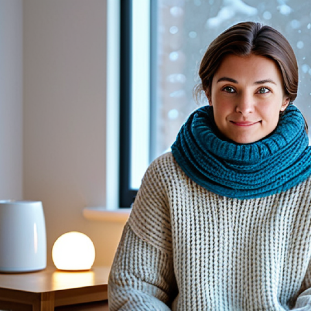 Winter Blues and Light Therapy**

"A woman, fully clothed in a cozy sweater and scarf, sitting in a brightly lit room during winter, looking towards a light therapy lamp. Background: A modern, minimalist apartment with snow visible outside the window. Focus on the therapeutic light and the woman's slightly melancholic but hopeful expression.  Safe for work, appropriate content, professional lighting, natural pose, perfect anatomy, well-formed hands, modest clothing, family-friendly. Image should convey a sense of hope and well-being."

**