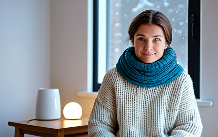 Winter Blues and Light Therapy**

"A woman, fully clothed in a cozy sweater and scarf, sitting in a brightly lit room during winter, looking towards a light therapy lamp. Background: A modern, minimalist apartment with snow visible outside the window. Focus on the therapeutic light and the woman's slightly melancholic but hopeful expression.  Safe for work, appropriate content, professional lighting, natural pose, perfect anatomy, well-formed hands, modest clothing, family-friendly. Image should convey a sense of hope and well-being."

**