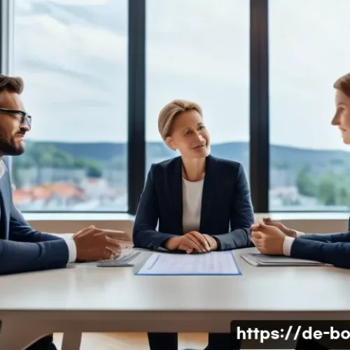일주기 리듬을 고려한 보험 상품 선택 - A professional German insurance advisor consulting a diverse couple in a modern office setting, disc...