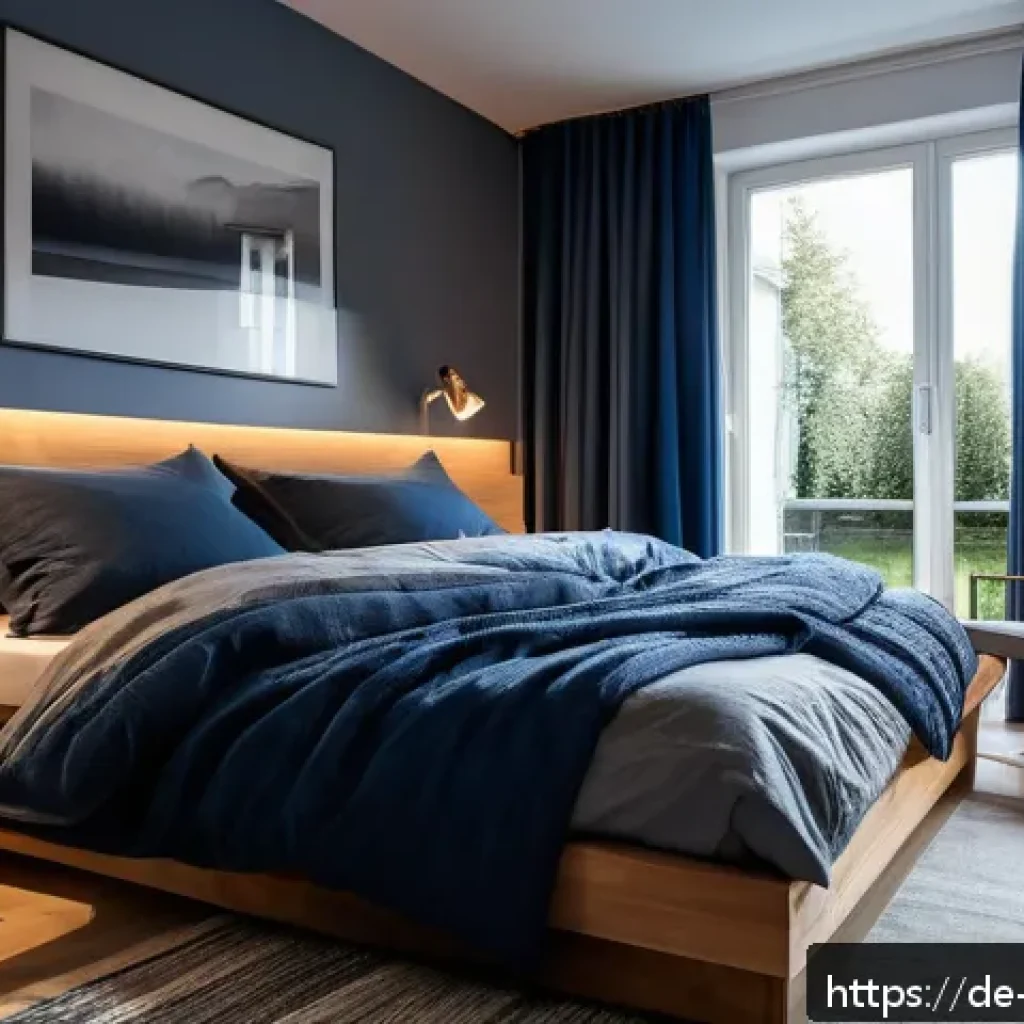 일주기 리듬 최적화를 위한 필수 보충제 - A cozy, modern German bedroom at night with soft ambient lighting, featuring a neatly made bed with ...
