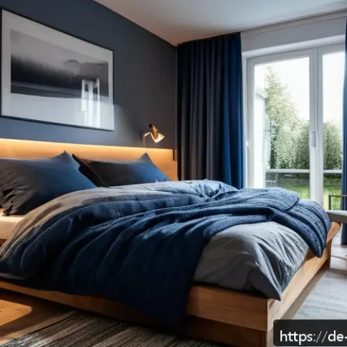 일주기 리듬 최적화를 위한 필수 보충제 - A cozy, modern German bedroom at night with soft ambient lighting, featuring a neatly made bed with ...