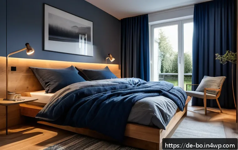 일주기 리듬 최적화를 위한 필수 보충제 - A cozy, modern German bedroom at night with soft ambient lighting, featuring a neatly made bed with ...