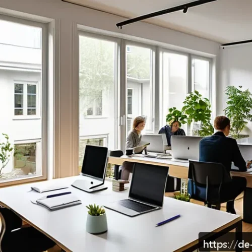 일주기 리듬과 직장 내 성과의 연관성 - A modern German office interior bathed in natural morning light from large windows, showing diverse ...