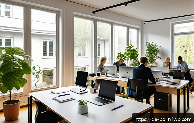 일주기 리듬과 직장 내 성과의 연관성 - A modern German office interior bathed in natural morning light from large windows, showing diverse ...